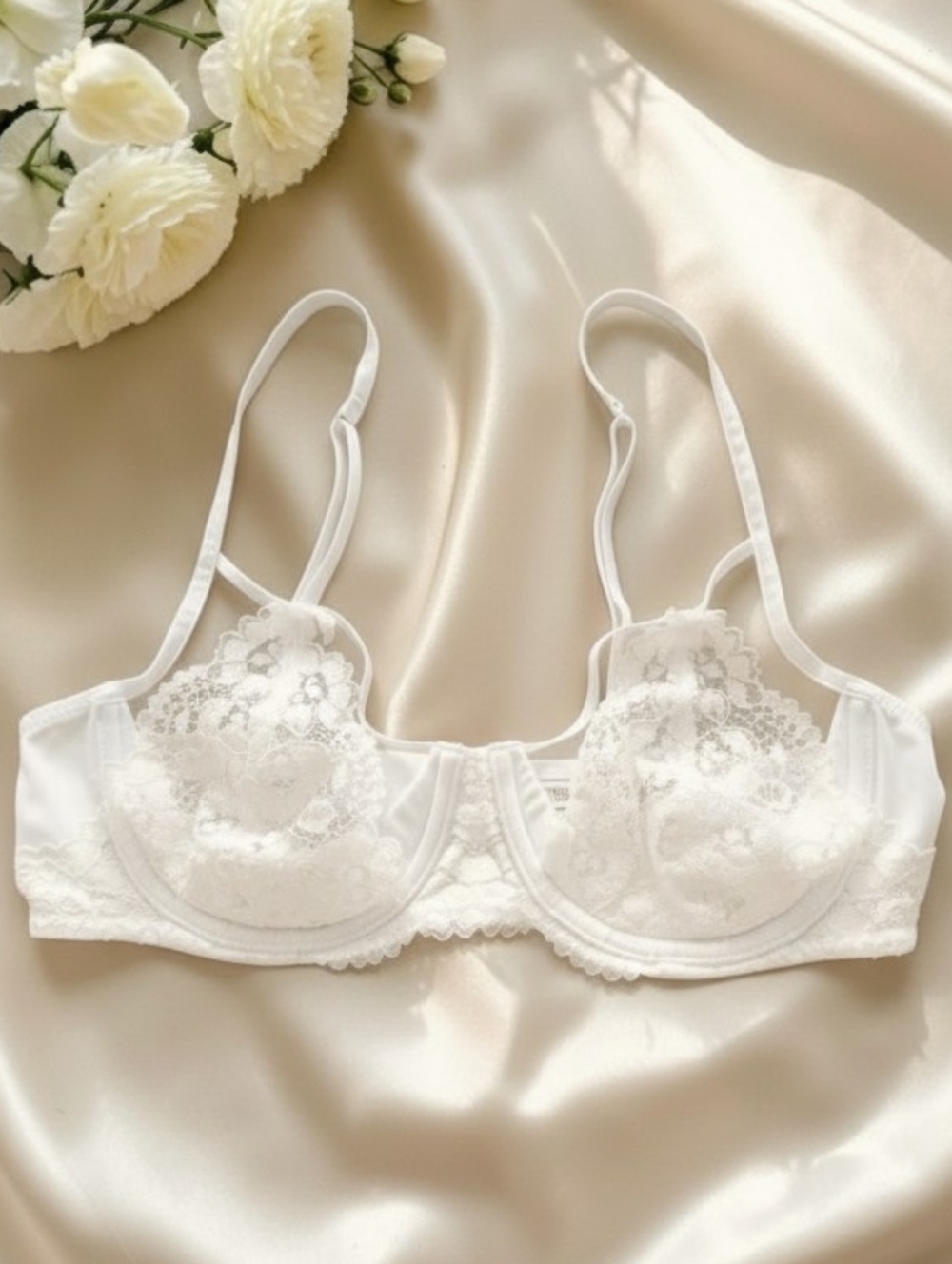 La SENZA Floral Lace Bra with Shimmering Threads and Half Cups- White Medium